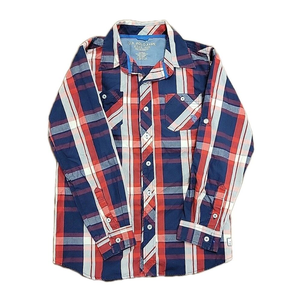 U.S. Polo Assn. Boys Flannel Shirt Plaid Long Sleeve Red Blue Size L (10-12)